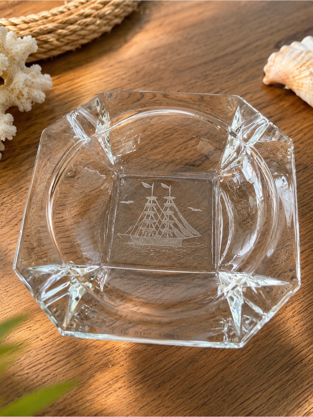 Vintage large glass etched ashtray/trinket dish